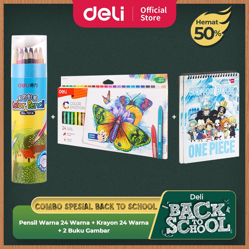 

[ DELI Back to School COMBO HEMAT 15 ] Pensil Warna 24 Warna, Krayon sekolah 24 Warna, Buku menggambar edisi one piece