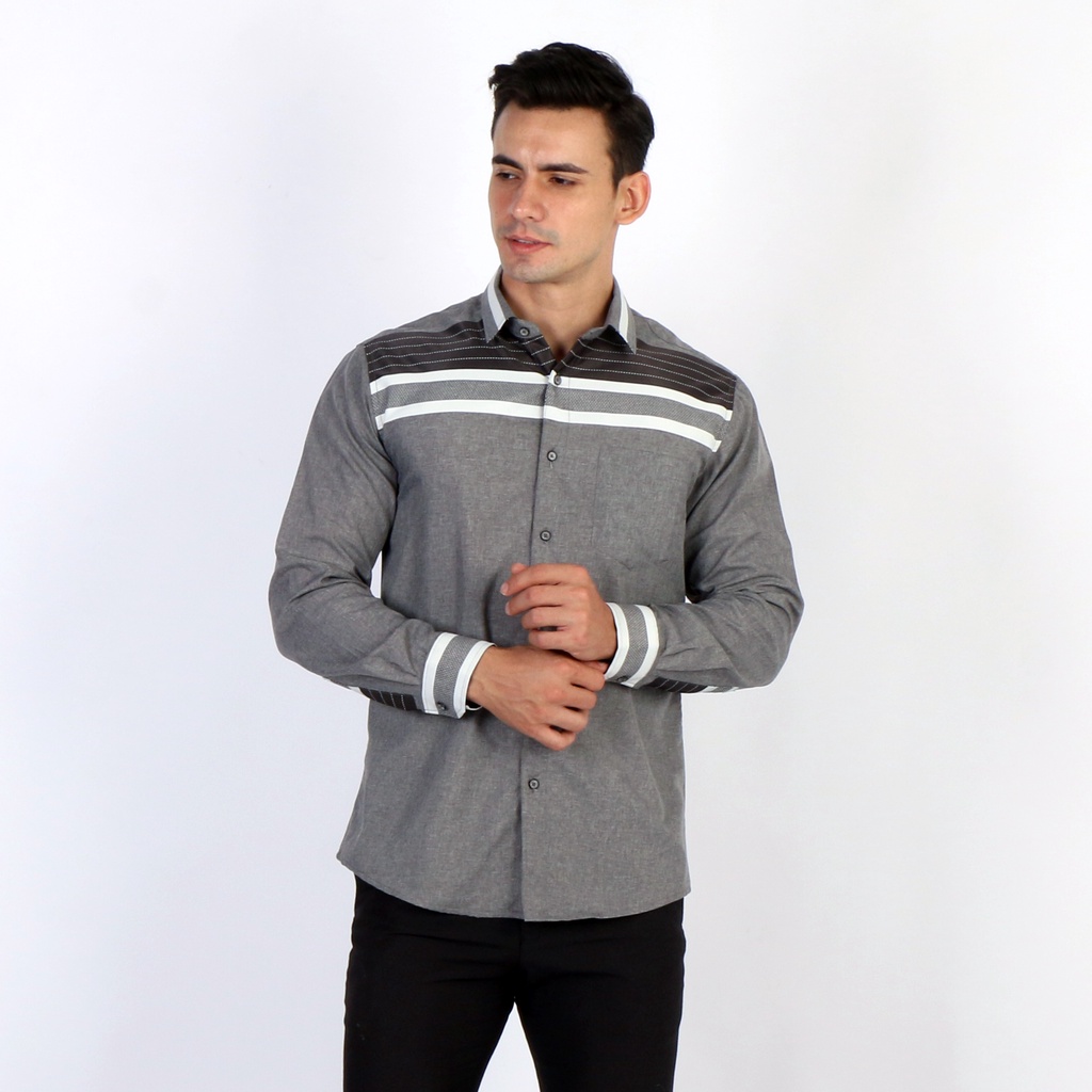 Simple Perfect x Trend One Kemeja Pria Lengan Panjang Casual Premium Horizontal Design-7730 grey