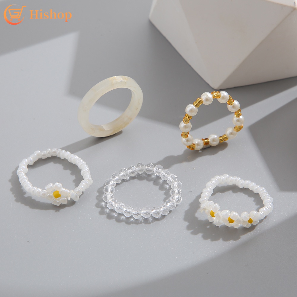 5pcs / Set Cincin Manik-Manik Mutiara Resin Bentuk Bunga Untuk Wanita