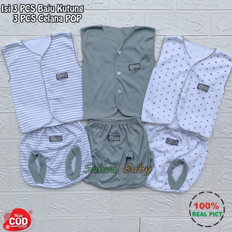 Bahan Katun TC 6 PCS Baju Bayi Lengan Kutung Celana POP Bayi Celana Kacamata Bayi Baru Lahir Serian Abu Kualitas Premium