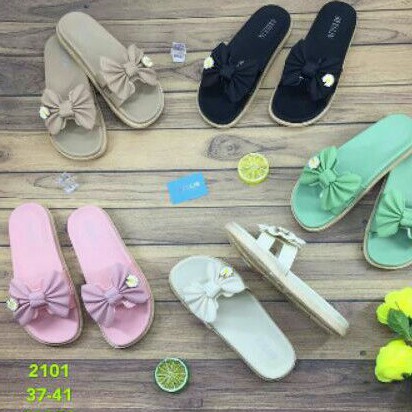 Sandal karet wanita pita bunga sandal jelly slop flat sandal