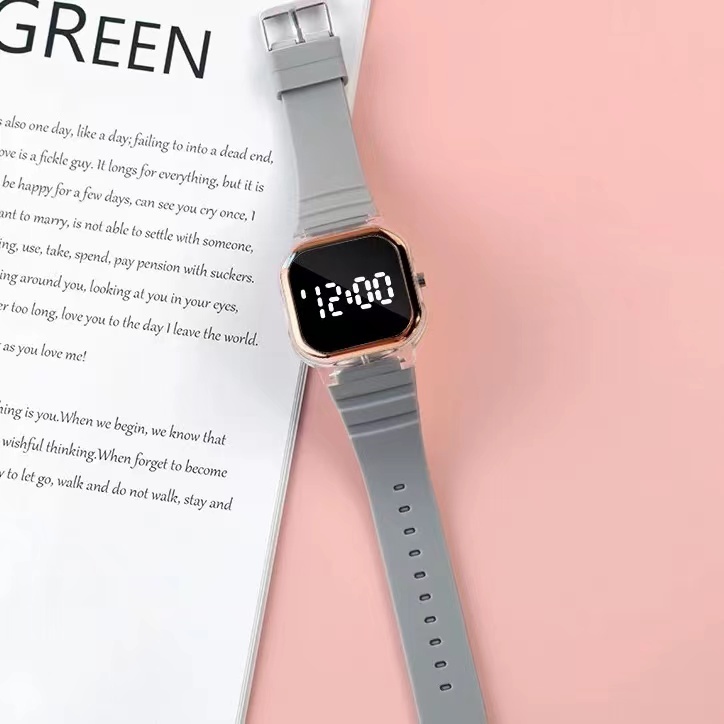 [COD] Jam Tangan Wanita Rubber Digital Trendy  Dial Kotak Korean Fashion-55-6 Abu-Abu