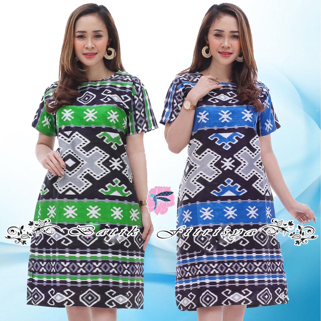 DRESS BATIK WANITA JUMBO XXXXL / 4L LENGAN PENDEK MOTIF TENUN SONGKET PALANG BIRU HIJAU MURAH TERBAR