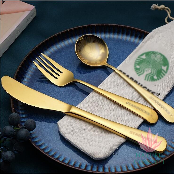 Sendok Garpu Pisau Set Starbucks Stainless Gold Peralatan Makan Set