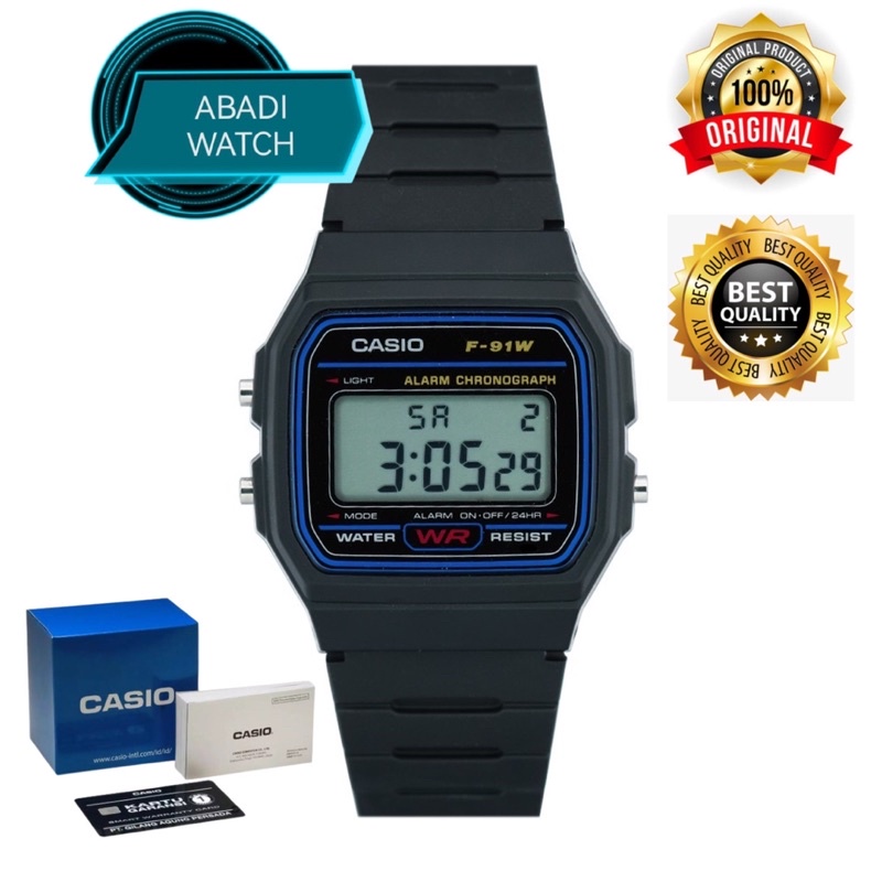 Casio F-91W-1DG Jam Tangan wanita - Digital - Karet - Hitam lis  Biru