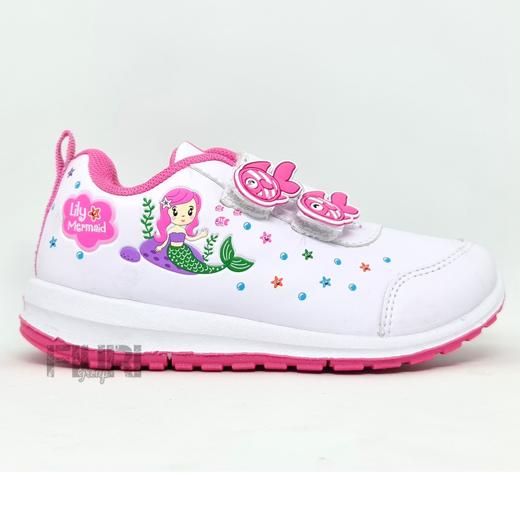 FIURI - ANDO ORIGINAL -  LILY MERMAID PEREKAT 29-36 PUTIH PINK - SEPATU SNEAKERS KANVAS SOL KARET ANAK KECIL PEREMPUAN  - SEPATU PUTRI DUYUNG KETS LUCU FASHION TRENDY - SEPATU SEKOLAH PAUD TK KRETEKAN PEREKAT CEWEK MURAH PROMO DISKON BONUS KAOS KAKI