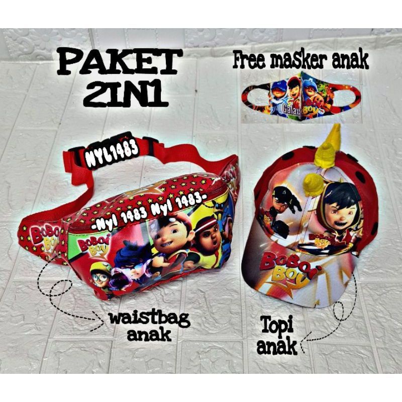 PDF paket 2in1 topi tanduk dan waistbag anak GRATIS masker topi anak laki laki tas slempang anak