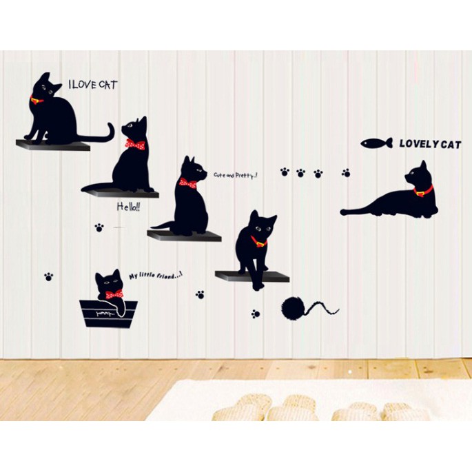 Wall Sticker / Stiker Dinding / Kaca: 6 Ekor Kucing Hitam