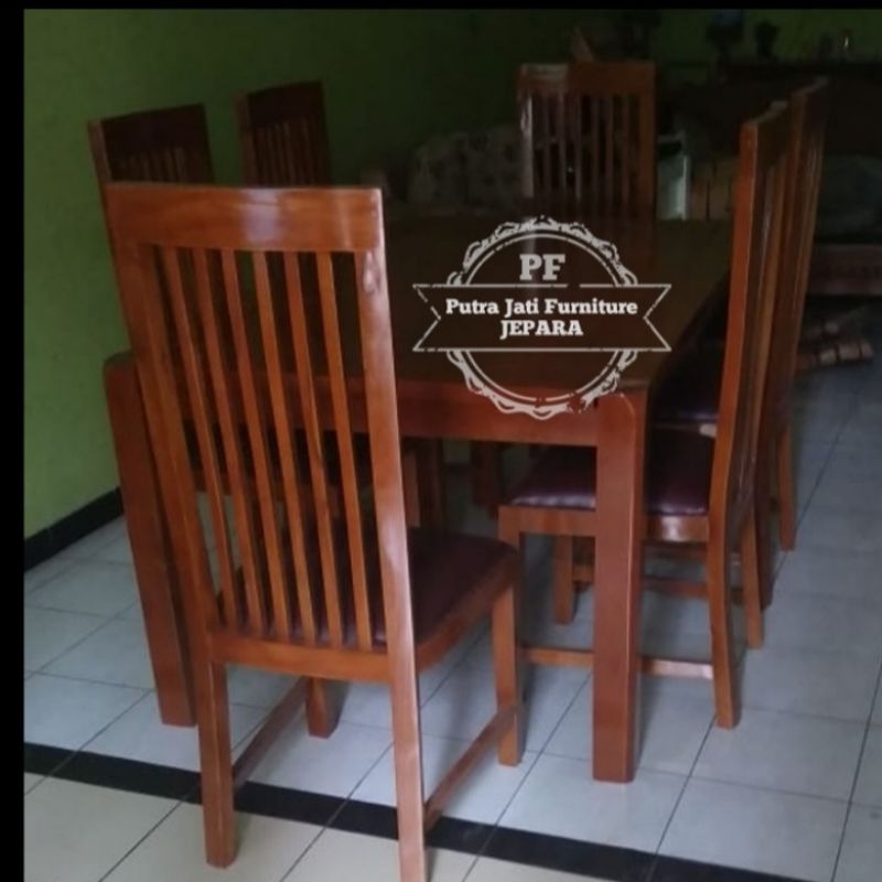 Meja makan panjang kursi 6 minimalis + busa dudukan kayu jati