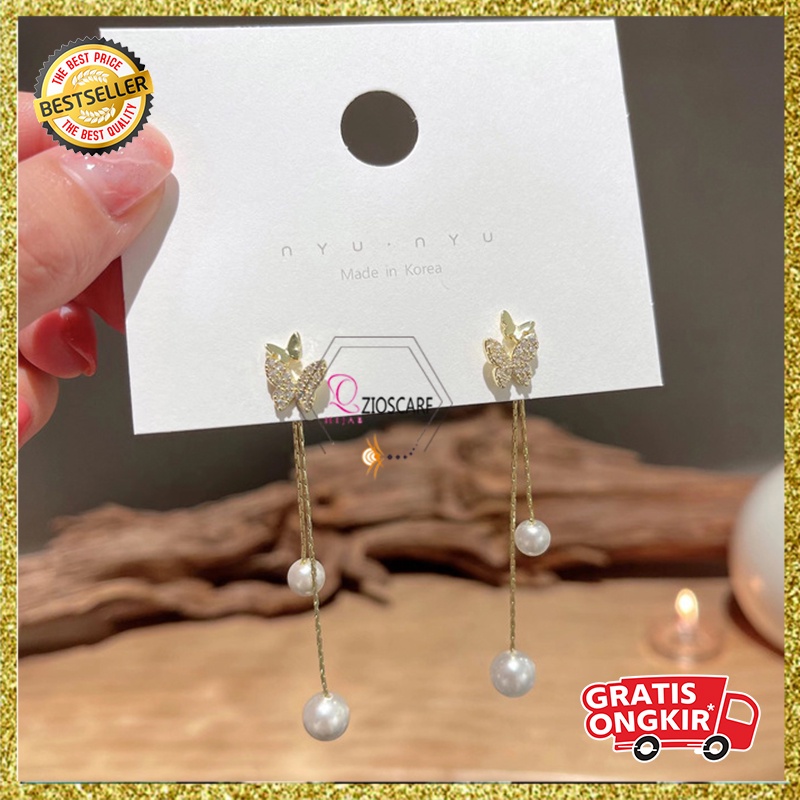 Anting Titanium Korea Kupu Kupu Rumbai Mutiara Pearl Aksesoris Fashion Wanita Korea ANT98