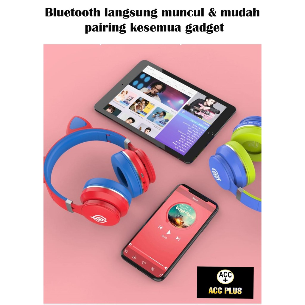 HEADPHONE BLUETOOTH LED - 031 Headset Bando Gaming cute Macaron Wireless Audio Stereo Super Bass