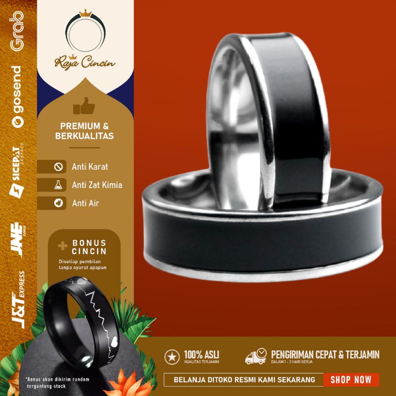 Cincin Titanium Wanita Pria Anti Karat Hitam Pinggir Putih