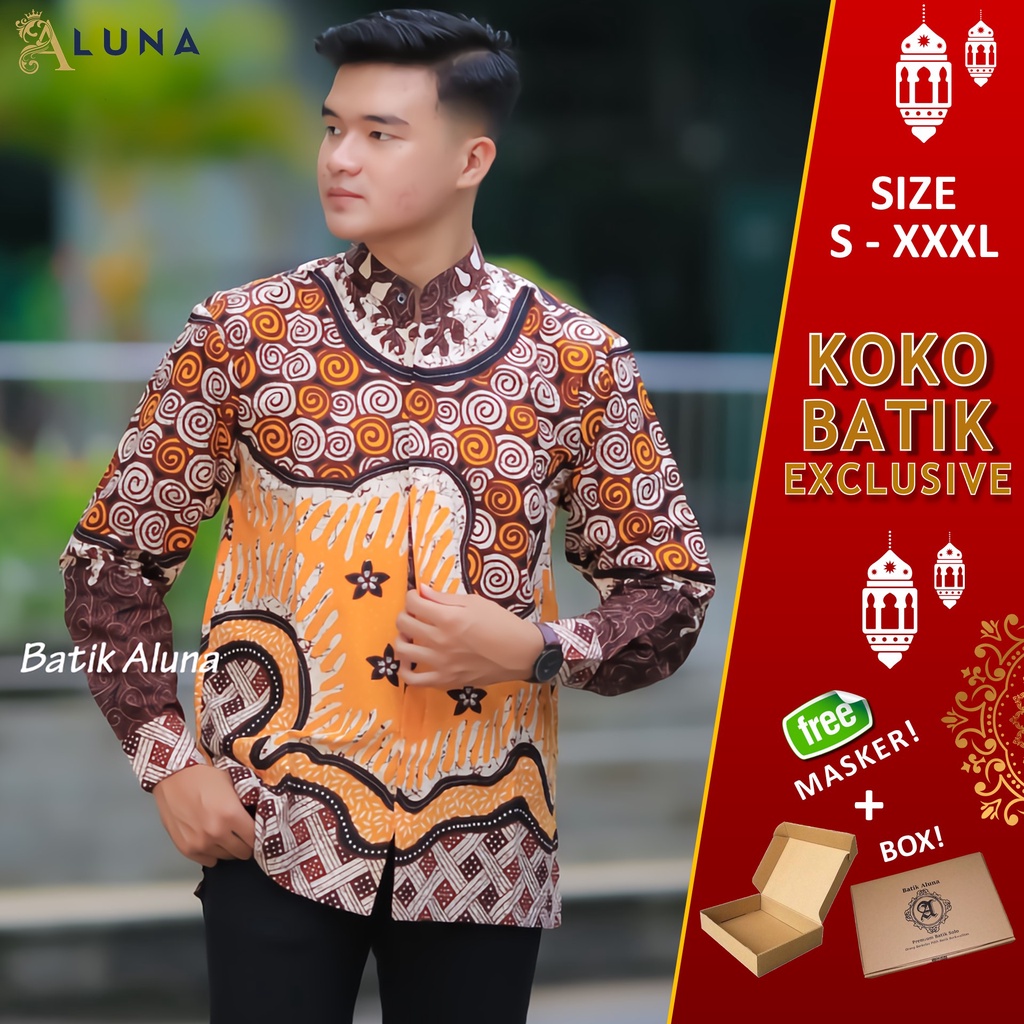 Baju Kemeja Koko Kurta Pakistan Pria Dewasa Motif Batik Aluna Baju Muslim Lengan Panjang Terbaru Good Quality Katun Premium MBA 009