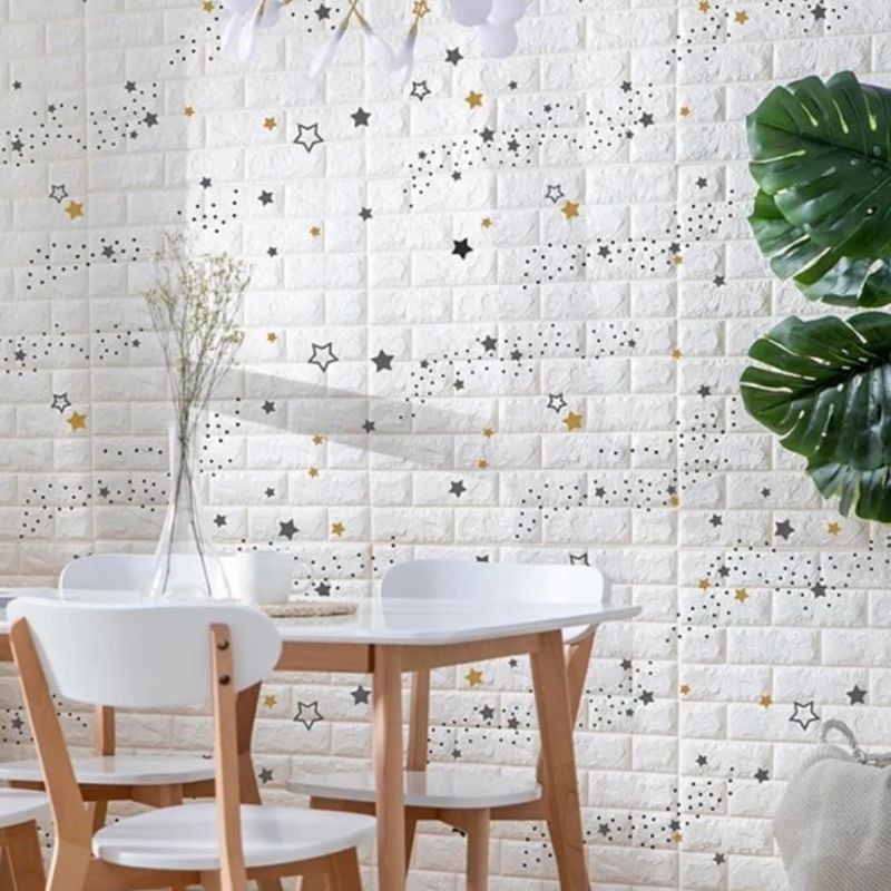 wallpaper foam premium 3D permukaan timbul motif bata putih bintang
