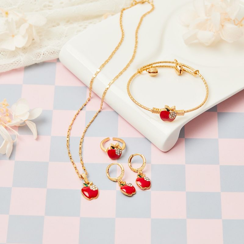 Satu Set Anak Perhiasan Set Anak Anting Cincin Gelang Kalung Motif APEL