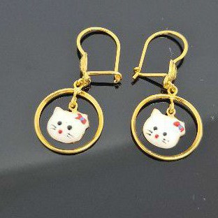 Anting Kait Emas Muda Bandul Ring Kepala Hello Kitty