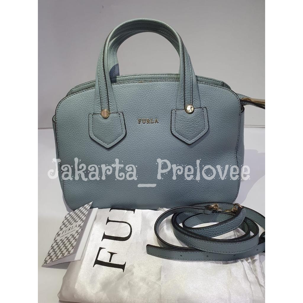 [Preloved] Tas FURLA AZZURRO Blue Leather Giada Satchel - ORIGINAL