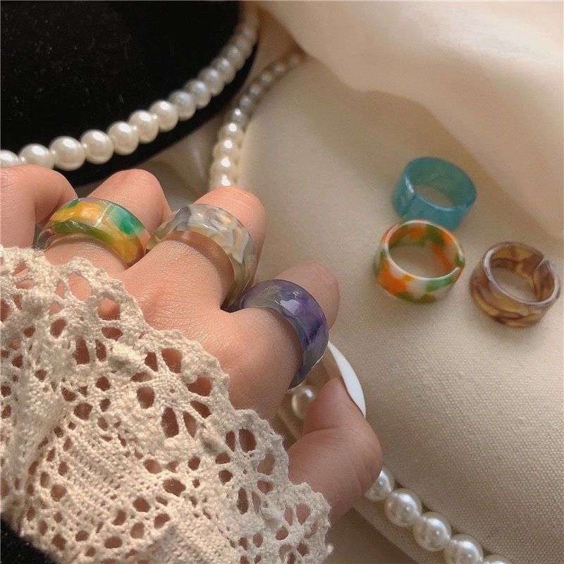 5Pcs/Set Fashion Colorful Resin Ring Set Korean Acrylic Diamond Rings Finger Ring Women Jewelry Accessories