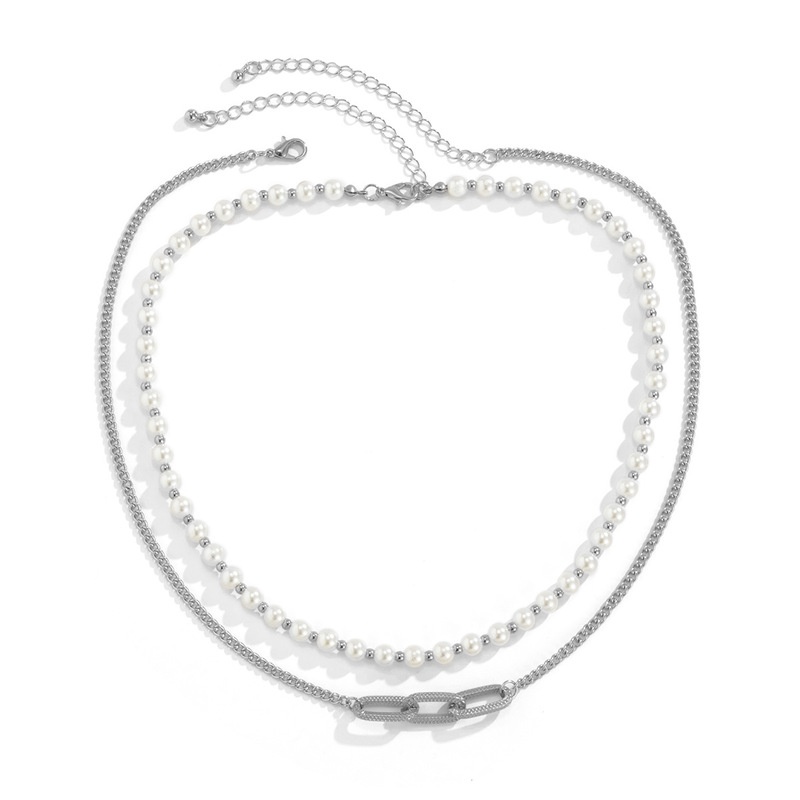 Kalung Choker Rantai Manik-Manik Mutiara Simulasi Multilayer Warna Silver Gaya Punk Hip Hop Untuk Pria Dan Wanita