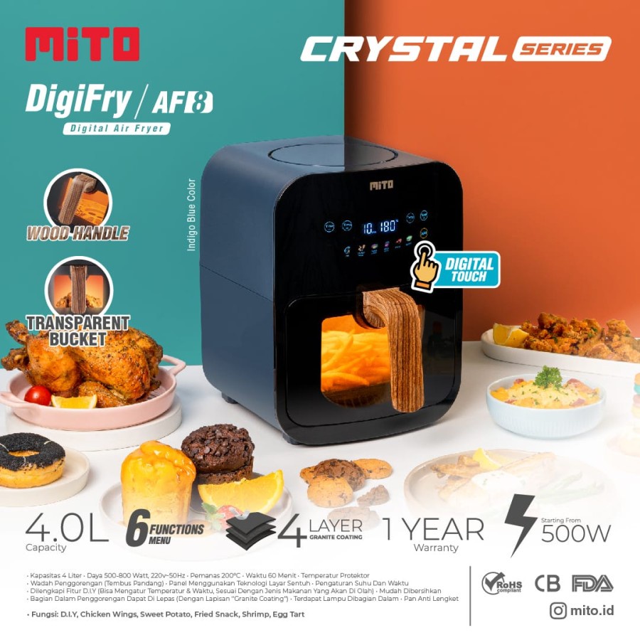 Mito Air Fryer AF8 Crystal Transparan Digifry 4 Liter Original Garansi Wadah Tembus Pandang AF 8 Crystal Low Watt
