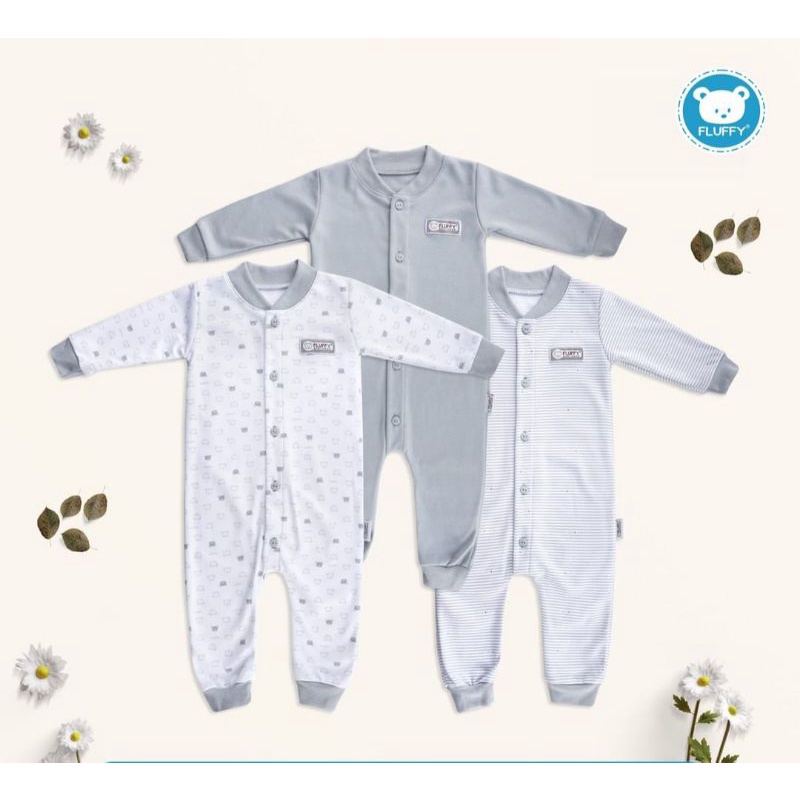 (FLUFFY) 3pcs Baju Kodok Panjang Buka Kaki/SLEEPSUIT ABU SERIES