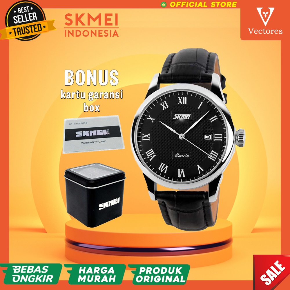 Jam Tangan Analog Pria Cowok Laki Kulit Original Fashion Elegan Hitam Keren