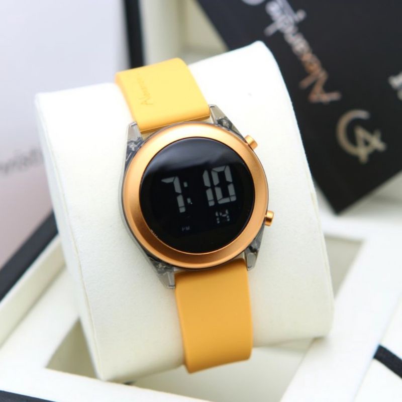 Alexandre Christie Original AC 9358 Jam Tangan Wanita Tali Karet kuning abu