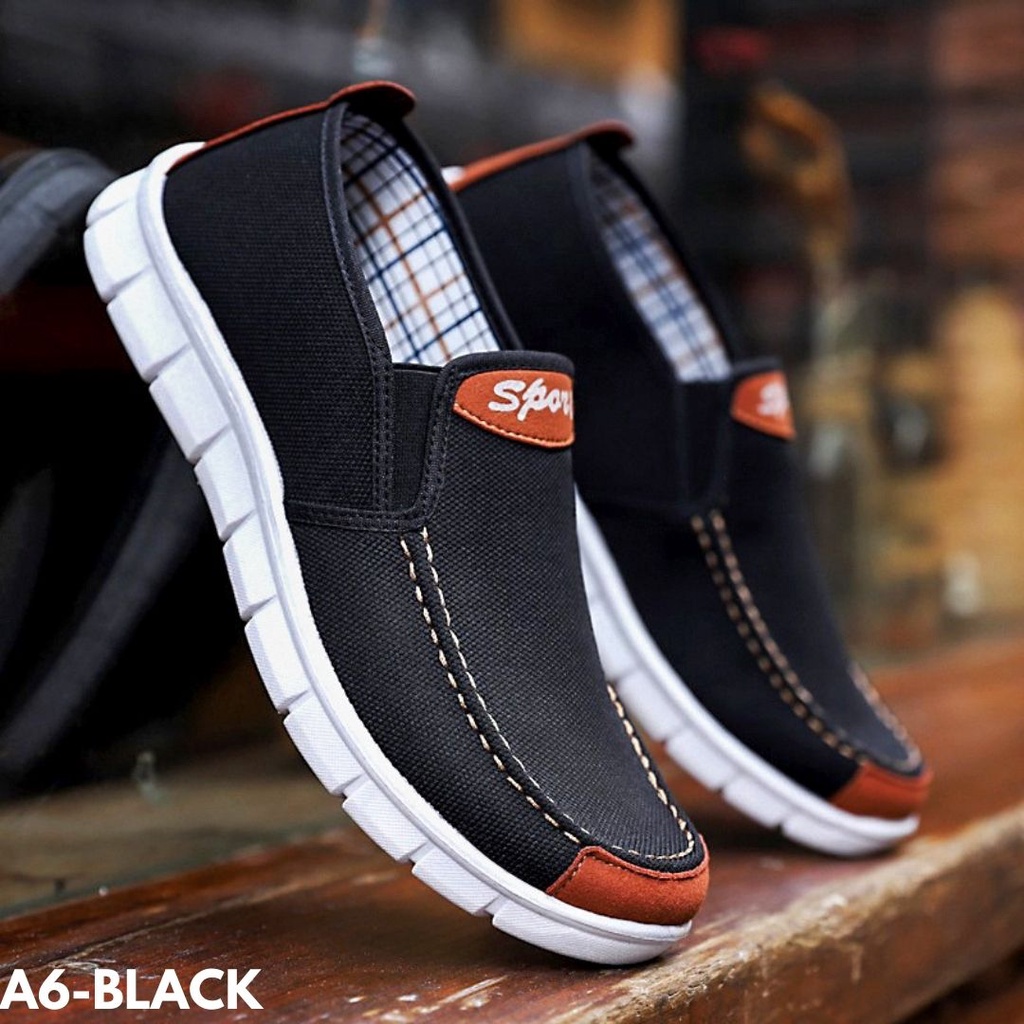 SEPATU SNEAKERS PRIA KEREN BAGUS NYAMAN TANPA TALI BAHAN CANVAS BREATHABLE IMPORT A6