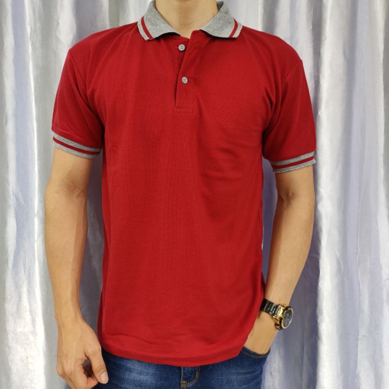 Kaos Krah polos lakos lengan pendek uk M L XL XXL XXXL-kerah merah tua  PDK