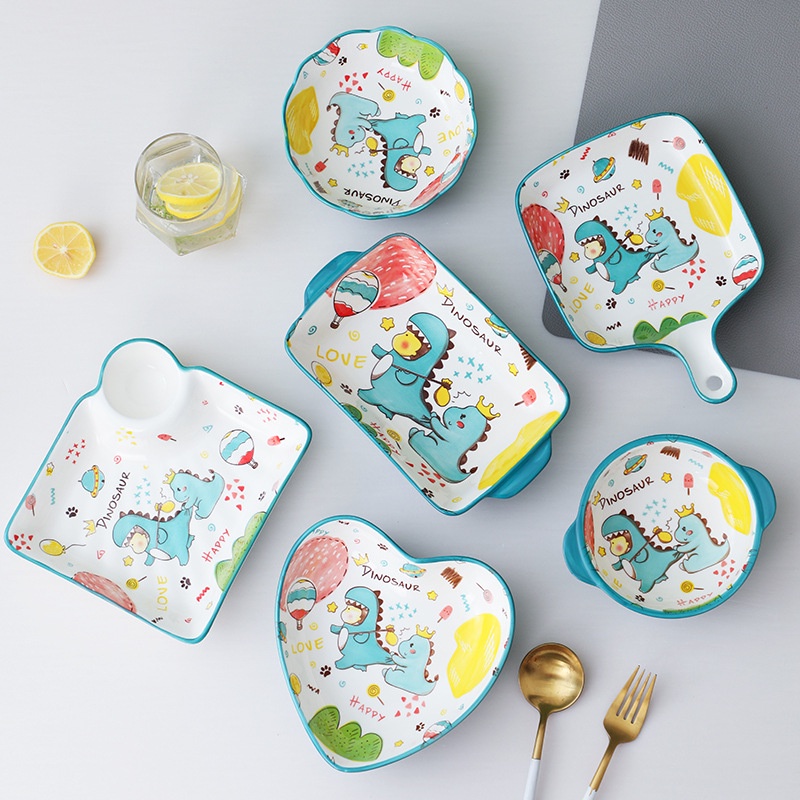 Piring Keramik Korea Happy Dino-Unicorn Gagang Piring Baking Korea