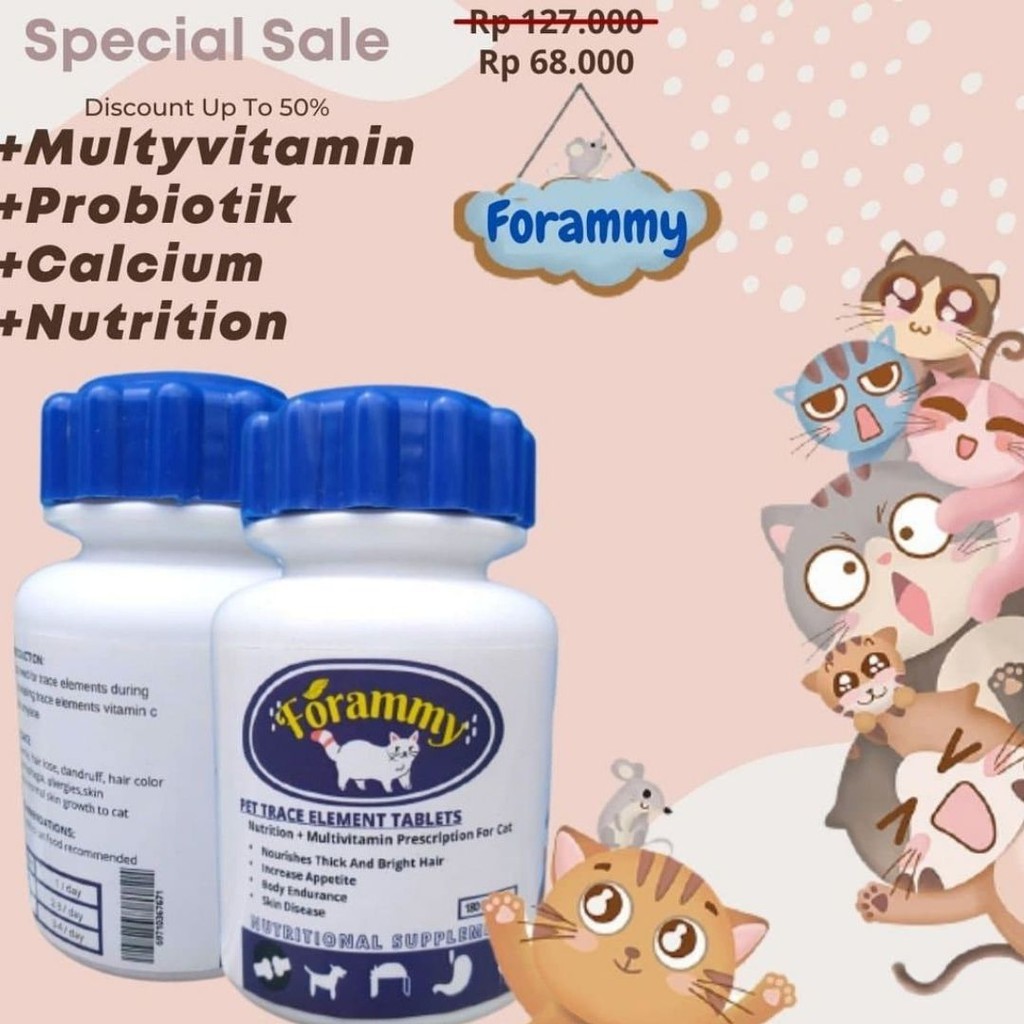 Obat Vitamin/suplemen Penumbuh Bulu Kucing Cat Kitten FORAMMY 20 kapsul FEFARM