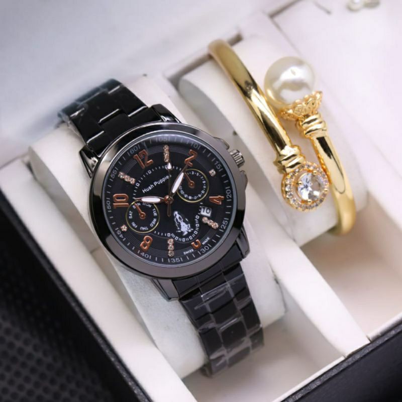 Jam Tangan Wanita Hush Puppies Free Gelang Gold Chrono Variasi Tanggal Aktif