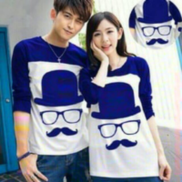 Kaos couple topi kumis biru benhur lengan panjang - baju pasangan moustache