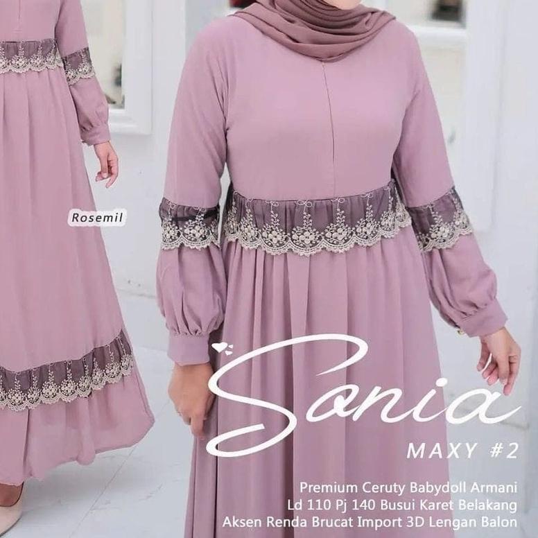 Sonia Maxy / Gamis Ceruty Babydoll Premium Aksen Renda Kekinian / Baju Dress Muslim Lengan Balon Mur