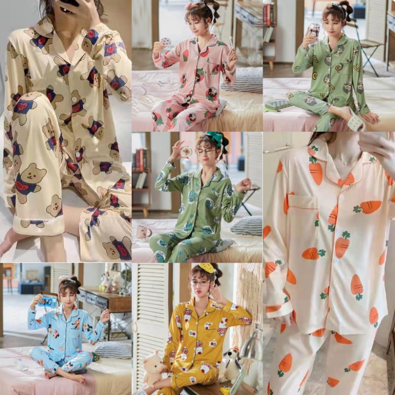 Piyama pp wanita | baju tidur lengan panjang wanita import spandek krah kancing