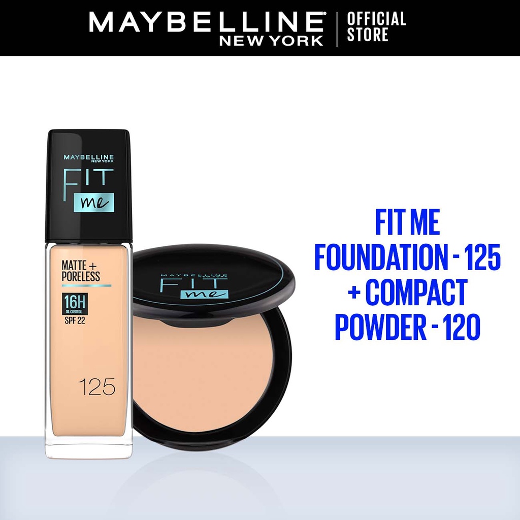 Maybelline Fit Me Matte Poreless Liquid Foundation 125 + Fit Me Oil Control Powder 120-Bedak Make Up