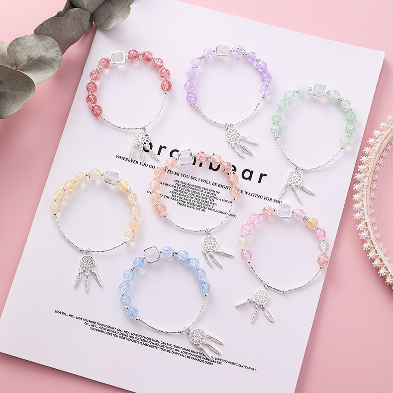 XiaoboACC Gelang Tangan Manik-manik Kristal Dreamcatcher Warna Pink Ala Korea untuk Wanita