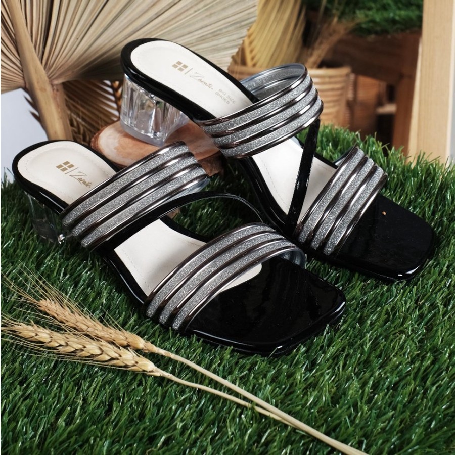 Sandal Wanita hak Kaca Big Size 41-42-43-44-45 / Sendal Pesta Formal Ukuran Besar Jumbo heel glass black silver -mocca