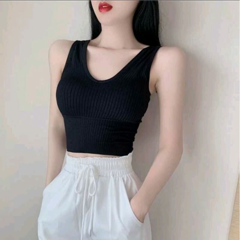 TANKTOP WANITA KAMISOL KOREAN STYLE CUP BRA BAHAN KNIT SPANDEX