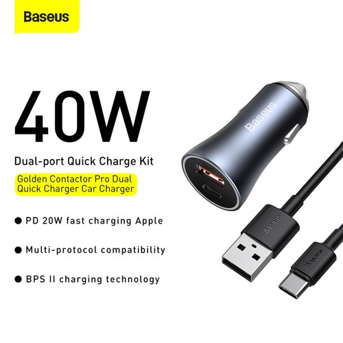 Charger Mobil BASEUS Golden Contactor Pro Dual QC Car Charger U+C 40 Watt + Kabel C to C - TZCCJD-0G