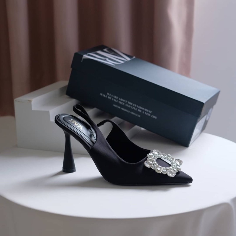 Sepatu Hak Tinggi Wanita ZR Slingback High Heels 9cm Premium Import Hitam Black, Casual Daily Ootd H