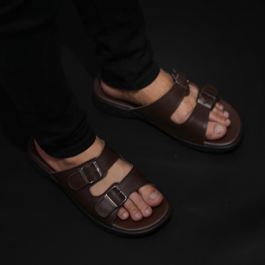 Mozza Brown | Sendal Slide Kulit Original Santai Kasual Pria Cowok Sandal Footwear | FORIND x Greata