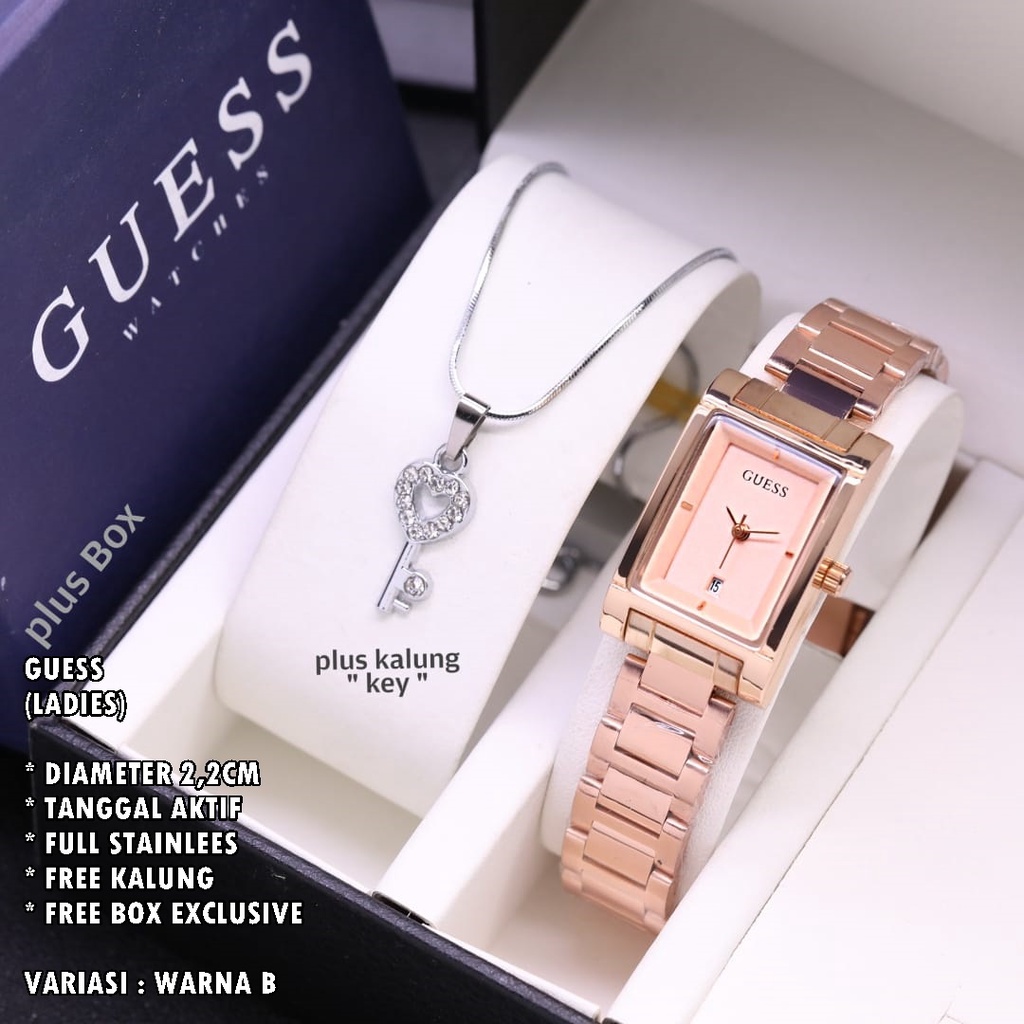 (FREE BOX) JAM TANGAN WANITA GUESS RANTAI BODY SEGI TANGGAL AKTIF FREE KALUNG