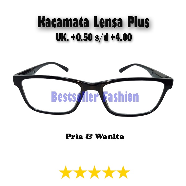 KACAMATA LENSA PLUS UK. +0.50 S/D +4.00 PRIA WANITA BINGKAI HITAM KOTAK RABUN DEKAT UNISEX FREECASE