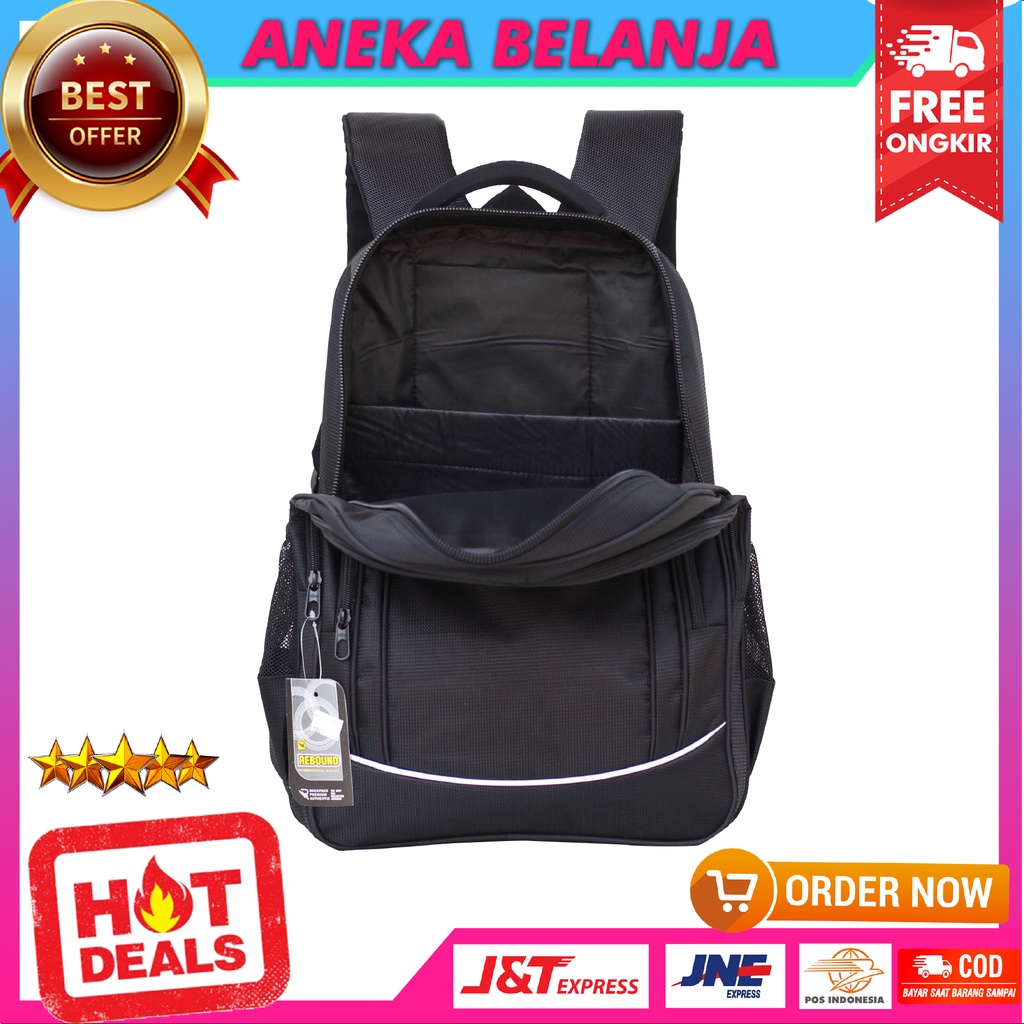 Ransel Rebound Hitam List Silver Tas Backpack Cowok Kekinian Free Raincover Berkualitas Ekonomis