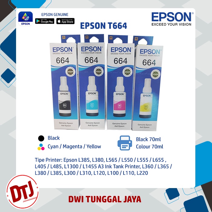 Tinta Epson 664 / L100 Black, C, M &amp; Y (T6641/6642/6643/6644 Series) Original