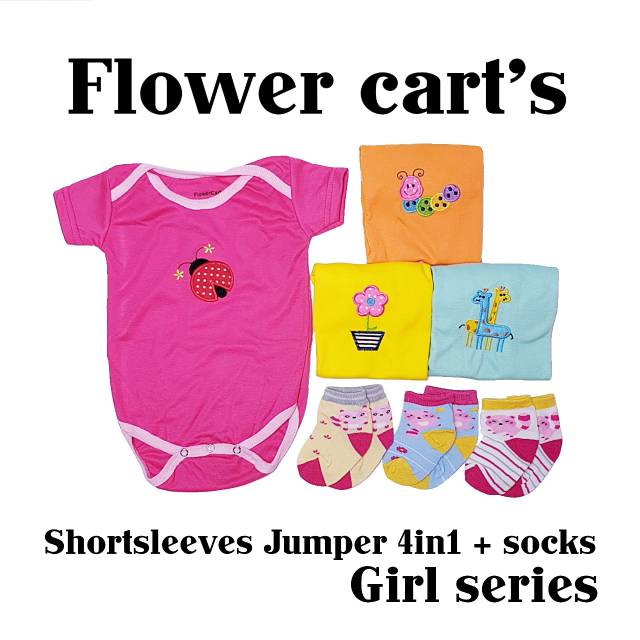 JUMPER LENGAN PENDEK ISI 4PCS + KAOS KAKI 3PASANG FLOWER CART'S  SNI GIFTPACK HADIAH LAHIRAN