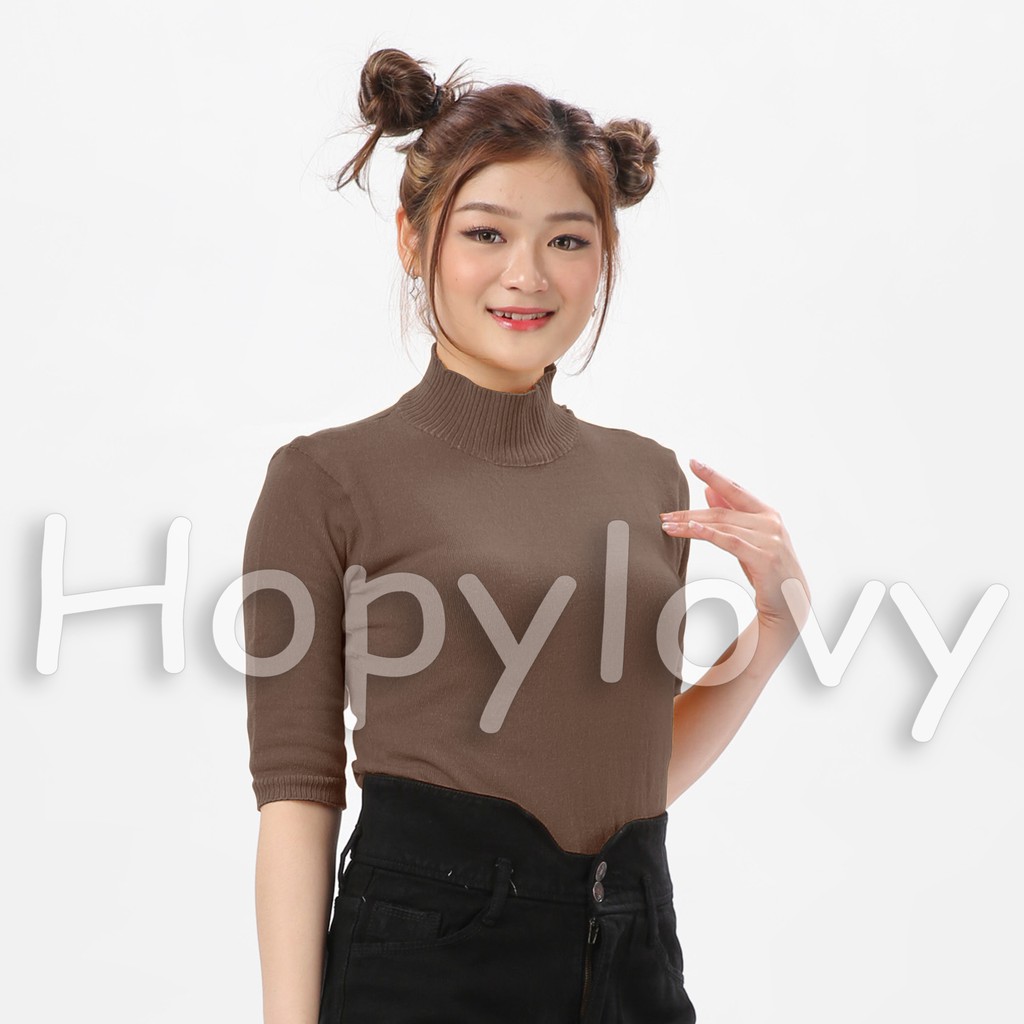 HOPYLOVY Blouse Rajut Turtleneck Wanita Lengan 3 per 4 Rafika-LATTE