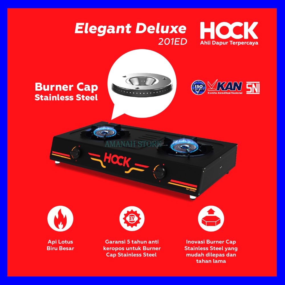 Hock Kompor Gas 2 Tungku Elegant Deluxe Burner Cap Stainless Steel Garansi HP-201ED