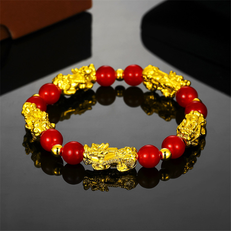 Unisex Wealth Feng Shui agate Golden PIXIU Wealth Beads Bracelet Attract Wealth and Good Luck Jewelry Gift